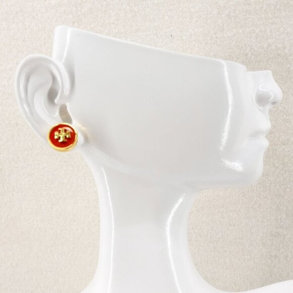 Tory Burch Kira Enamel Circle Stud Earrings Poppy Red/ Tory Gold OS - Picture 10 of 12